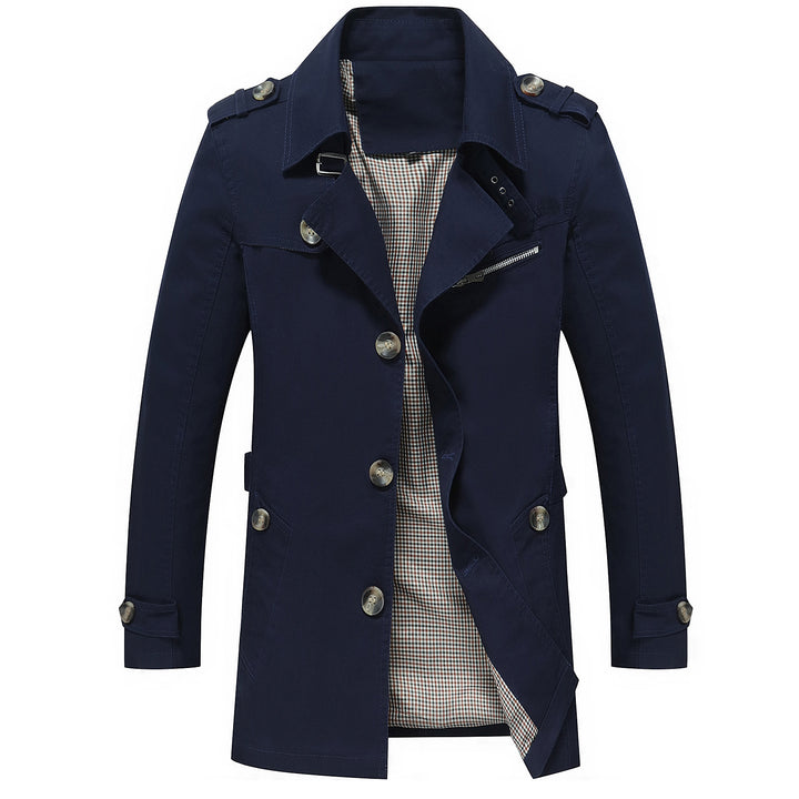 Men's Lightweight Field Style Trench Coat with Epaulettes and Check Lining Mune Fashion