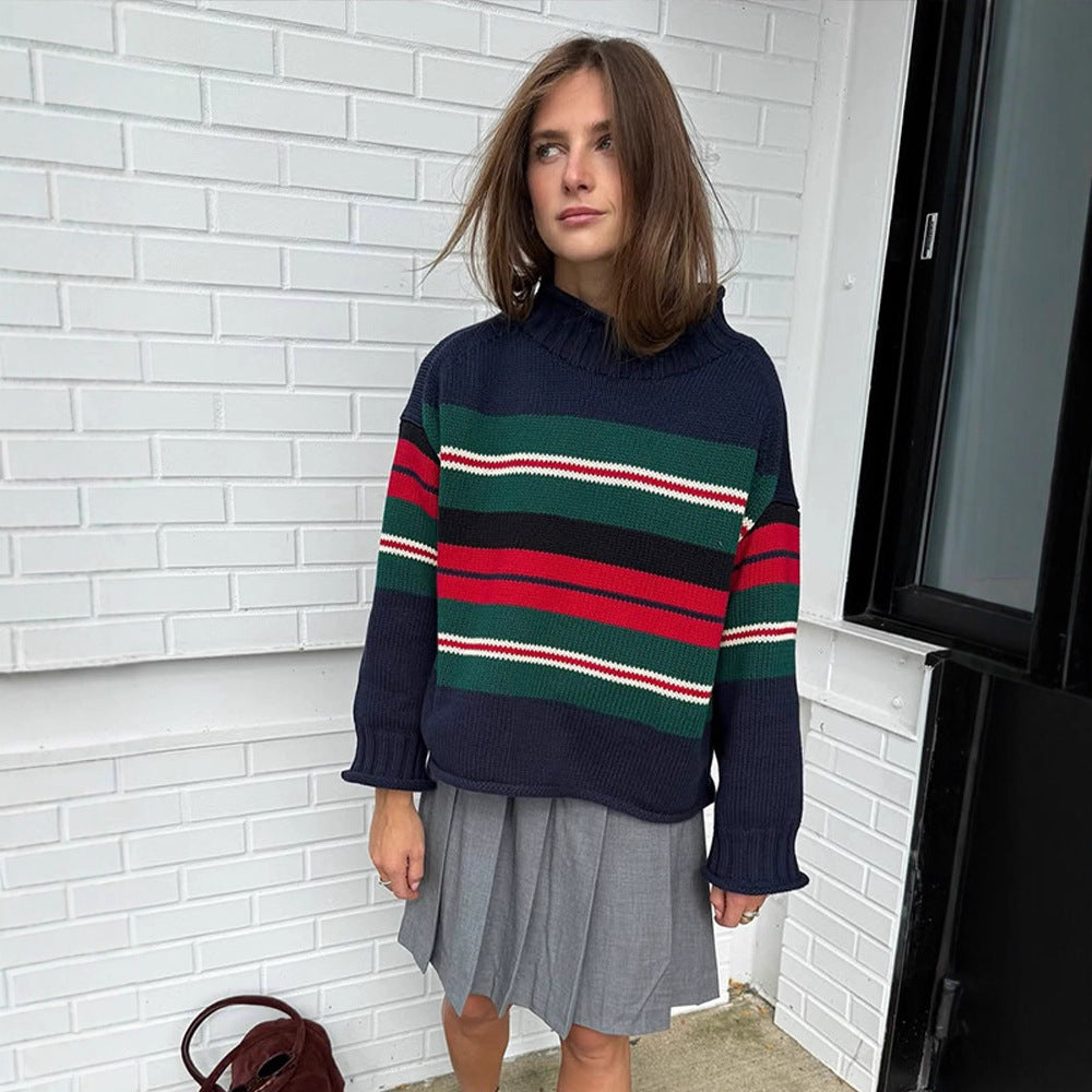 Women Striped Oversize Knit Sweater with Raglan Sleeves Mune Fashion