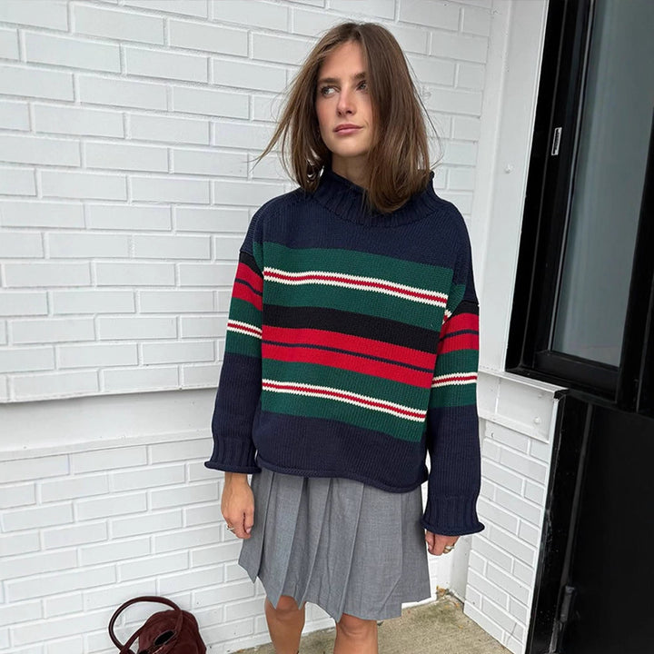 Women Striped Oversize Knit Sweater with Raglan Sleeves Mune Fashion