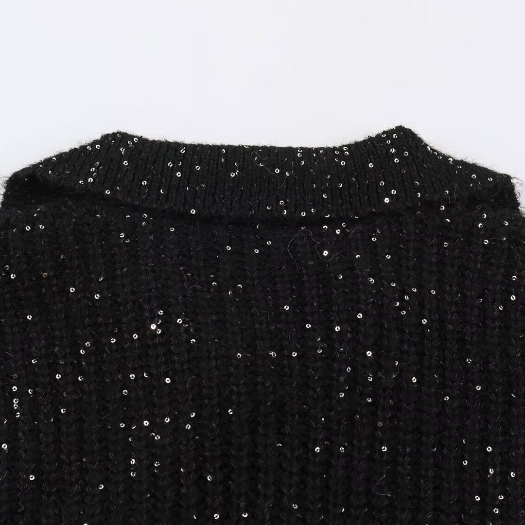 Women's Chunky Knit Sweater with Wide Lapel Collar and Sequin Trim Mune Fashion