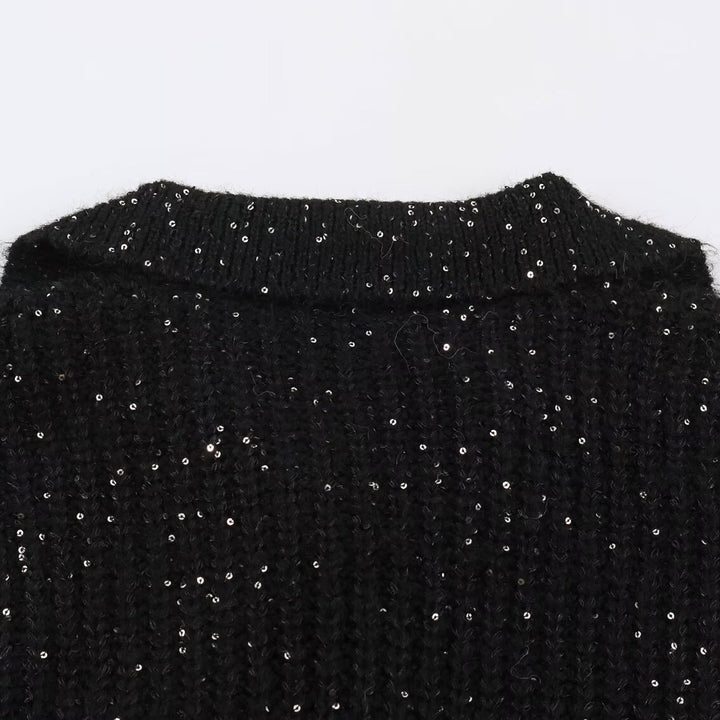 Women's Chunky Knit Sweater with Wide Lapel Collar and Sequin Trim Mune Fashion