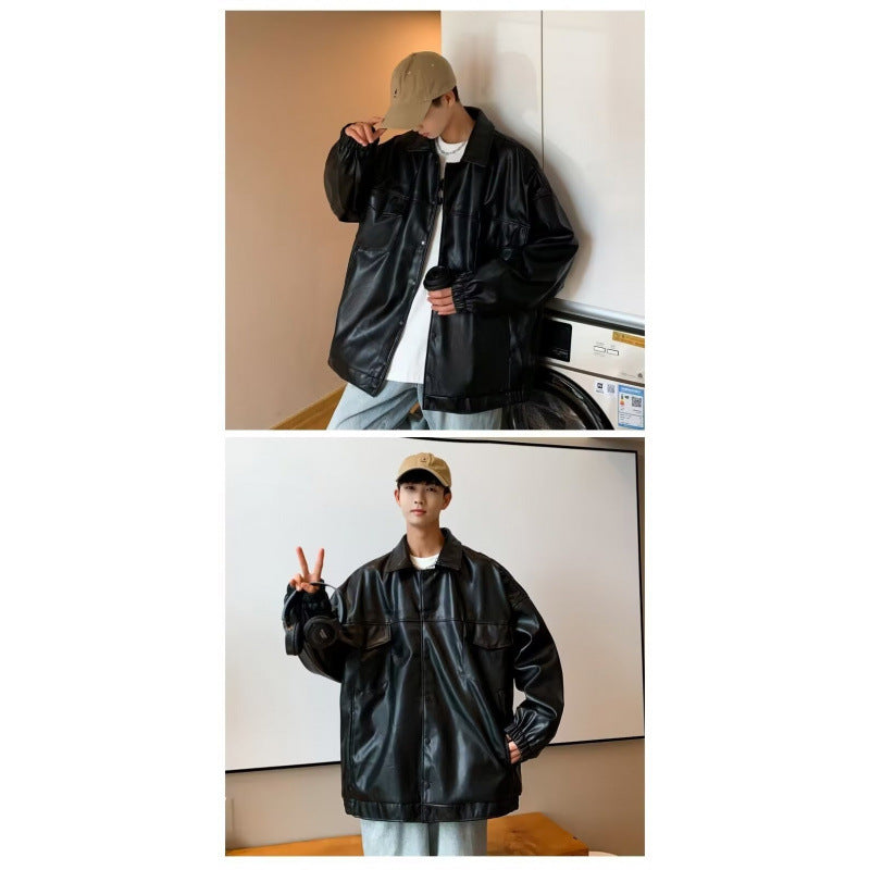 Men's Oversized PU Leather Shacket with Flap Pockets and Elastic Cuffs Mune Fashion
