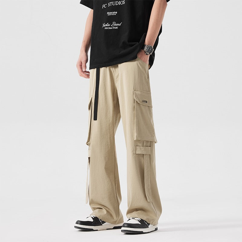 Men's Baggy Cargo Pants with Extra Large Utility Pockets, Straight Leg & Integrated Fabric Belt Mune Fashion