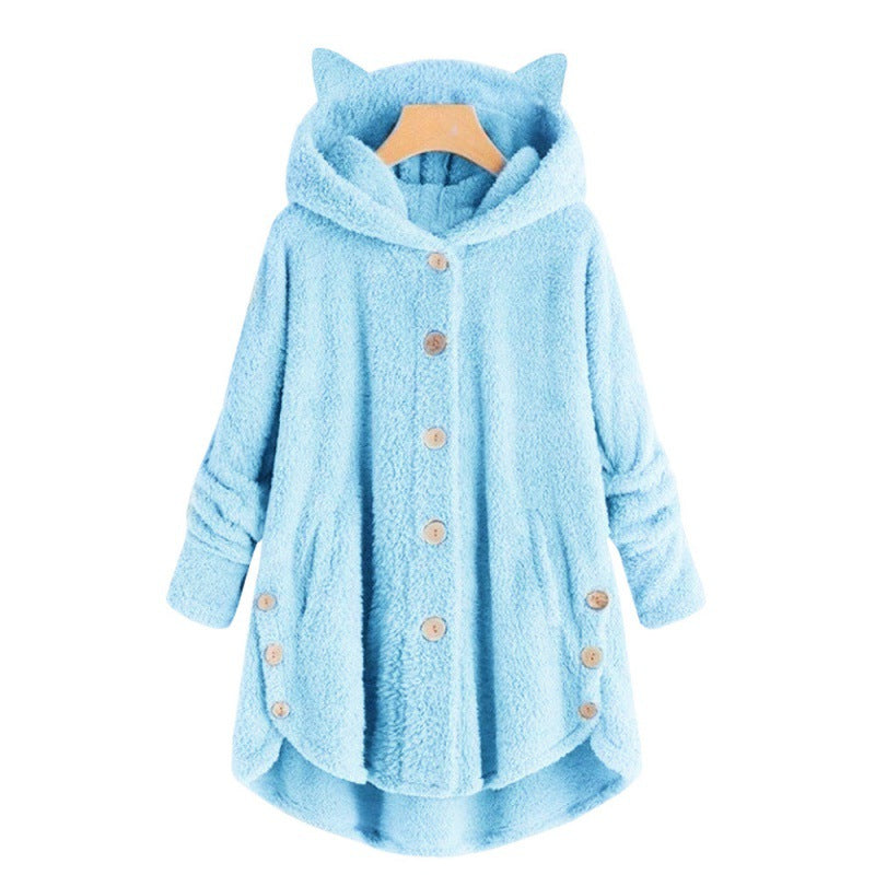 Women's Hooded Teddy Coat with Cat Ears, Button Placket and Asymmetrical Hem Mune Fashion