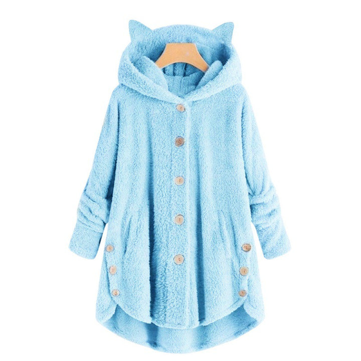 Women's Hooded Teddy Coat with Cat Ears, Button Placket and Asymmetrical Hem Mune Fashion