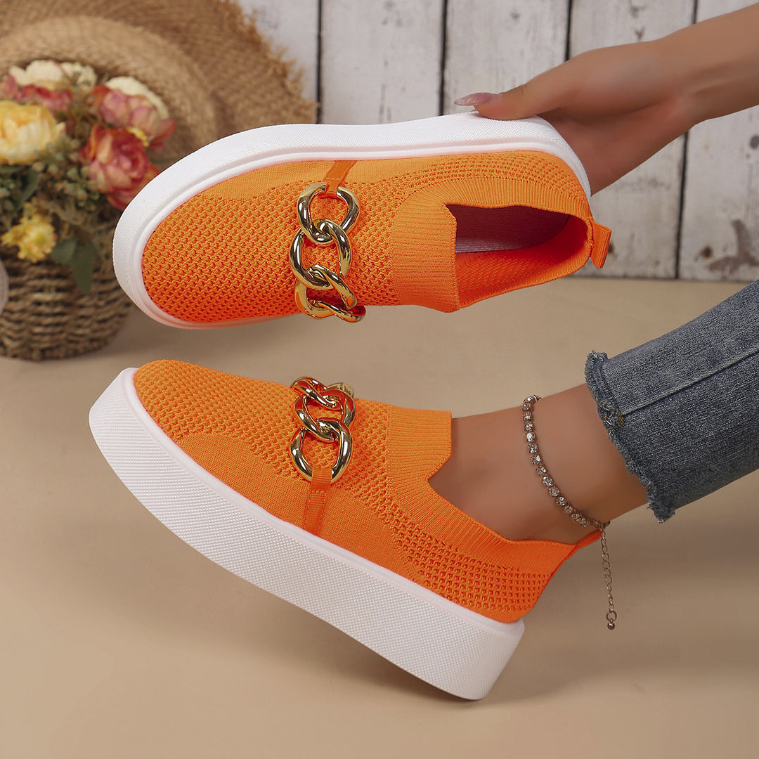 Ladies' Knit Slip-On Sneakers with Platform Sole and Eye-Catching Metal Chain Decoration Mune Fashion