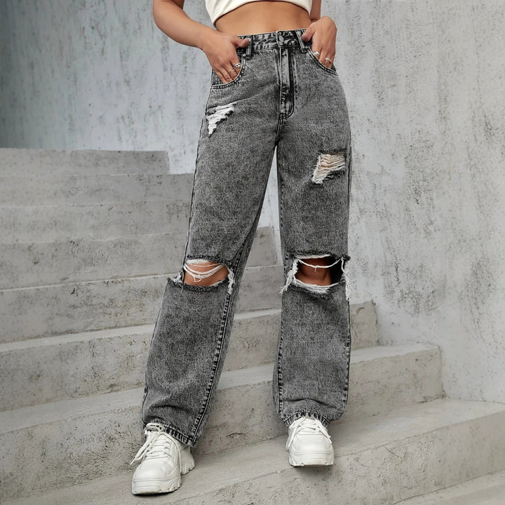 Ladies High-Waist Destroyed Wide-Leg Jeans with Knee Cutouts Mune Fashion