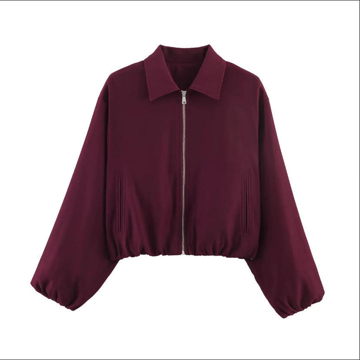 Women Shortened Bomber Jacket in Harrington Style with Balloon Sleeves and Elastic Hem Mune Fashion