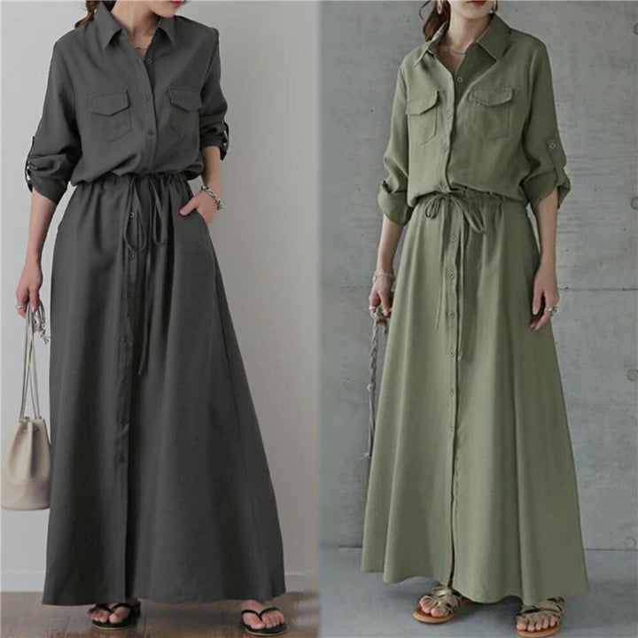 Ladies long shirt dress with drawstring waist and patch chest pockets Mune Fashion