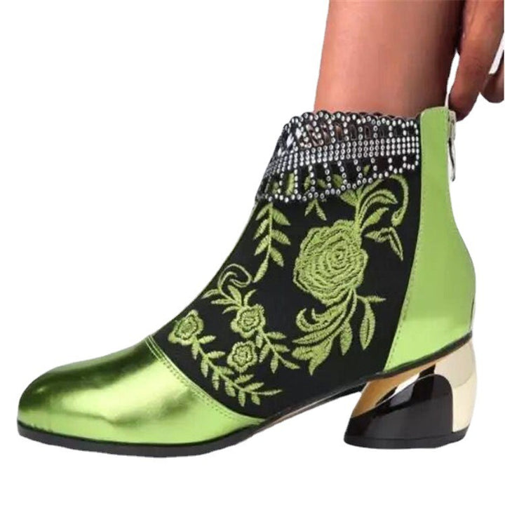 Women's embroidered ankle boots with velvet insert, pearl embellishments, and sculpted block heel Mune Fashion