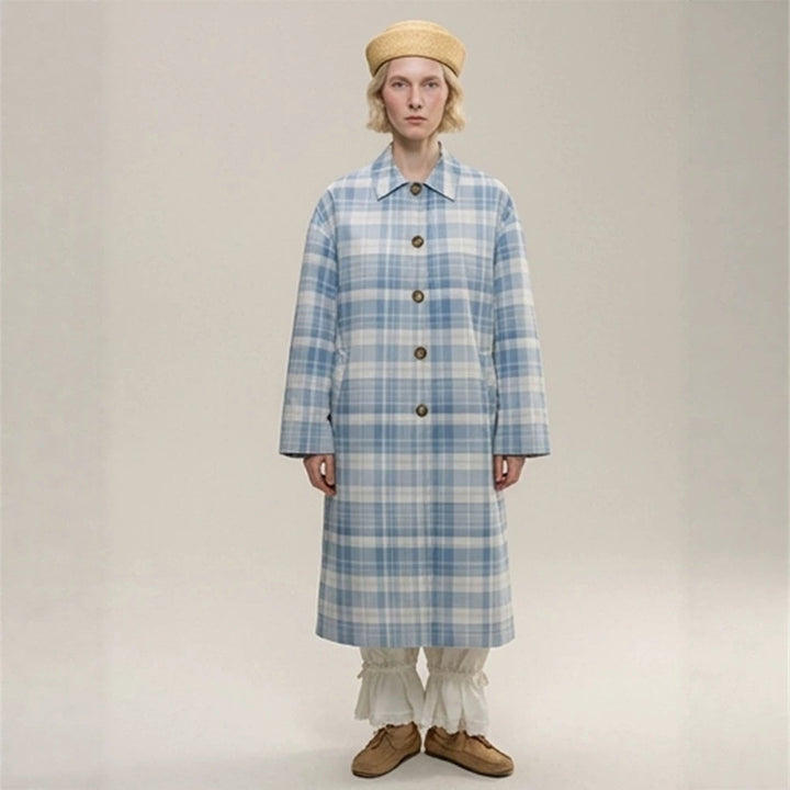 Women's Checked Lightweight Trench Coat with Mid-Length Oversized Silhouette Mune Fashion