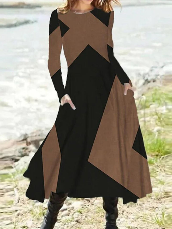 Ladies nan geometric maxi dress with long sleeves, A-line cut and side pockets Mune Fashion