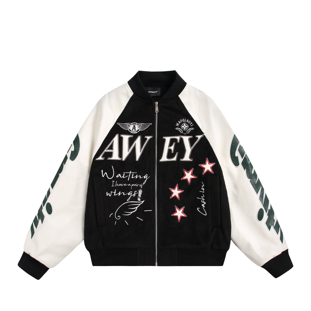 Unisex varsity bomber jacket in material mix with embroidery and application details Mune Fashion