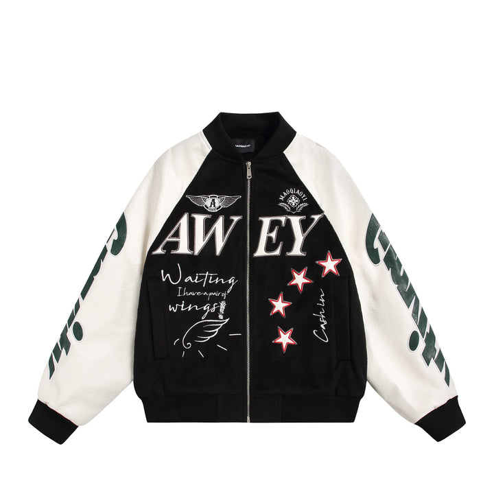Unisex varsity bomber jacket in material mix with embroidery and application details Mune Fashion