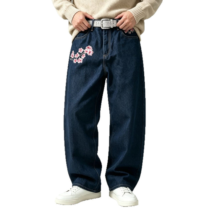 Men's Fashion Wide Cut Denim Pants with Floral Embroidery Mune Fashion