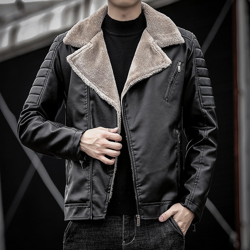 Men's Faux Leather Biker Jacket with Teddy Fur Lining and Quilted Sleeve Detail Mune Fashion