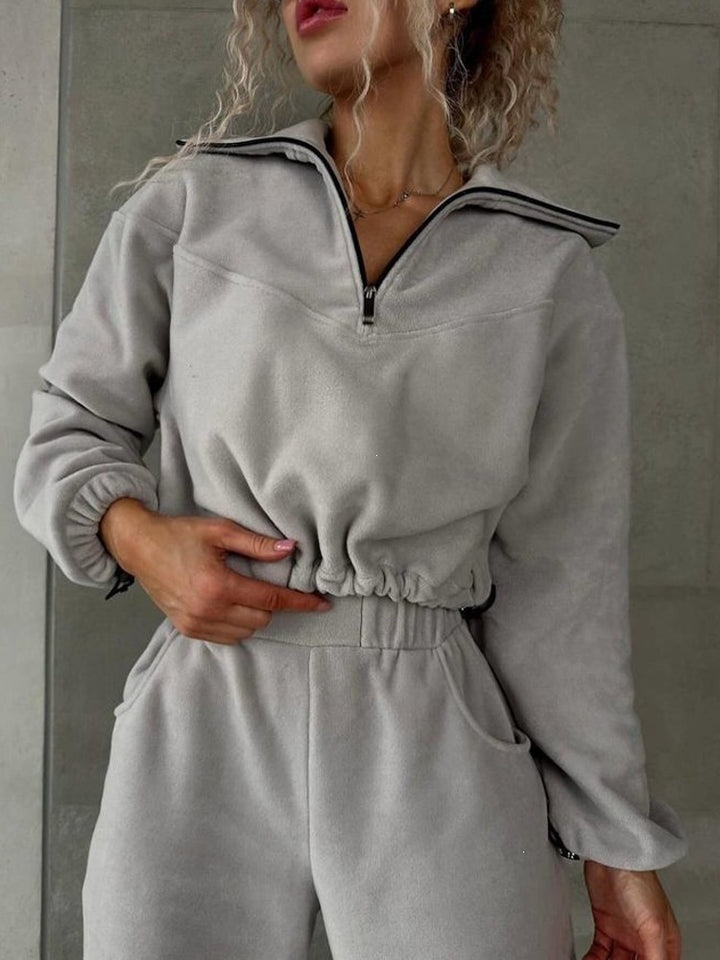 Women's Fleece Cropped Sweatshirt with Half Zip and Drawstring Mune Fashion