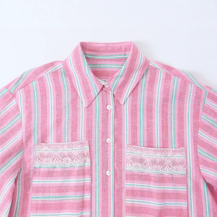 Women Short Cut Linen Blouse with Striped Pattern and Lace Chest Pockets Mune Fashion