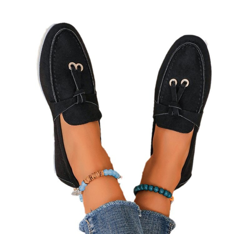 Damen Slipper-Loafer aus Velourslederoptik mit dekorativem Knotenriemen und leicht profilierter Gummisohle Mune Fashion