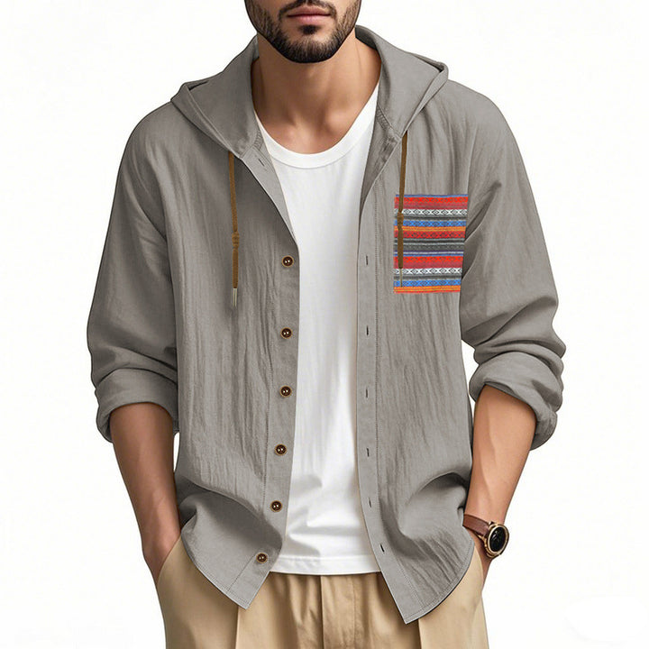 Men's lightweight hooded shirt jacket made of structured cotton blend with ethnic chest pocket and button placket Mune Fashion