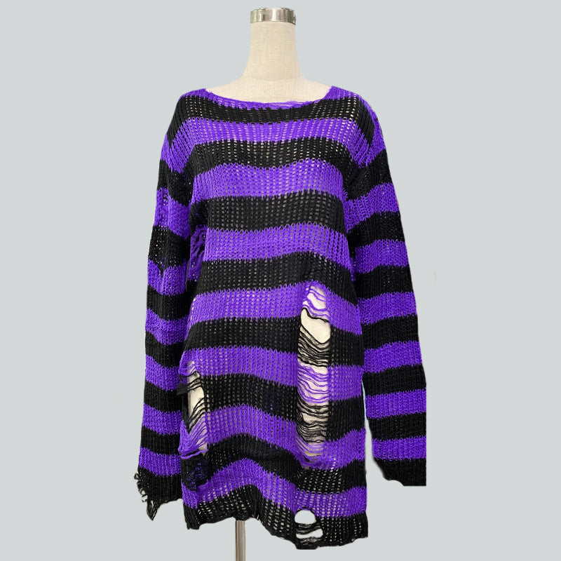 Women's oversized chunky knit sweater with wide block stripes and distressed design Mune Fashion