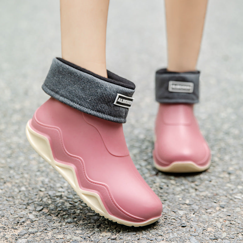 Women's Waterproof Slip-On Ankle Rubber Boot with Rolled Knit Collar Mune Fashion
