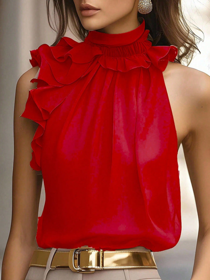 Women's High-Neck Chiffon Top with Ruffled Collar and Asymmetrical Flounce Mune Fashion