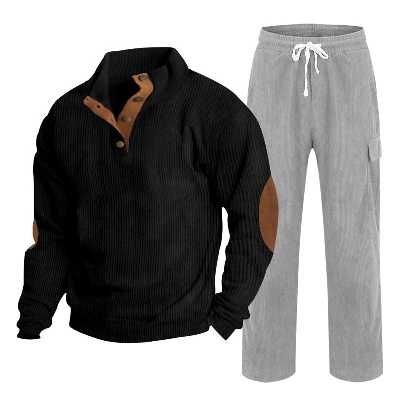 Men's Cozy Leisure Set made of Waffle Knit Henley with Elbow Patch and Relax Cargo Pants Mune Fashion