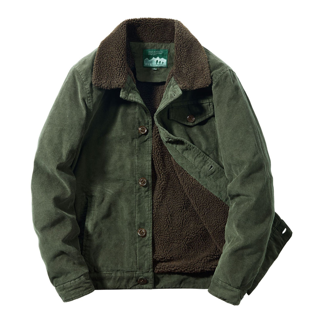 Men's Cord Trucker Jacket with Continuous Sherpa Lining and Shirt Collar Mune Fashion