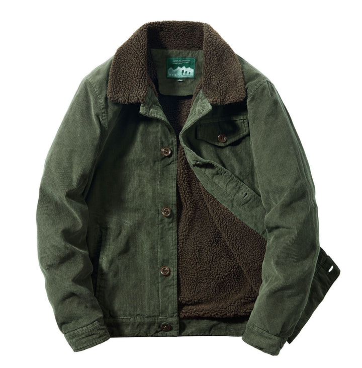 Men's Cord Trucker Jacket with Continuous Sherpa Lining and Shirt Collar Mune Fashion