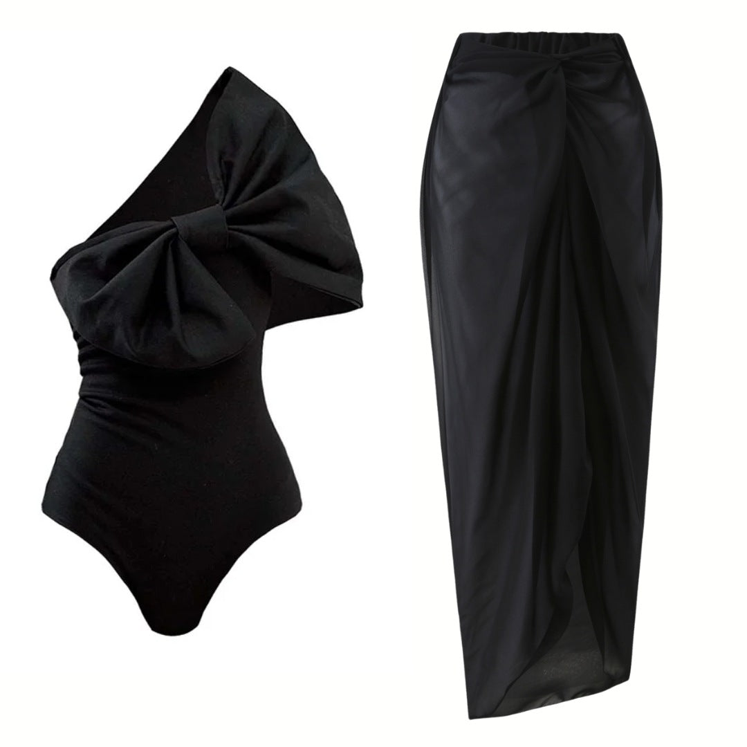 Women's Cut Swimsuit with Voluminous Bow Detail and Elegant Wrap Skirt Mune Fashion