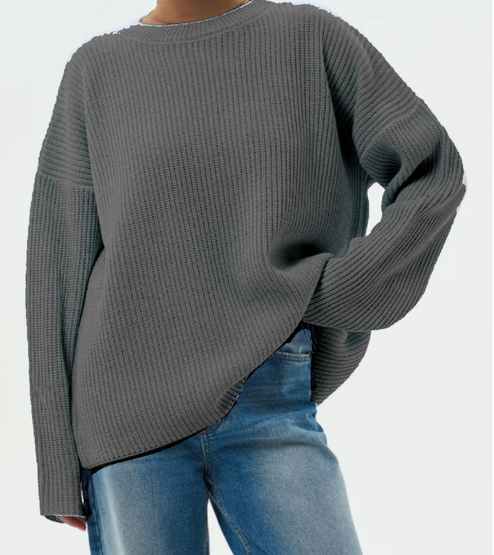 Women's Oversize Structured Knit Sweater with Round Neckline and Dropped Shoulder Mune Fashion