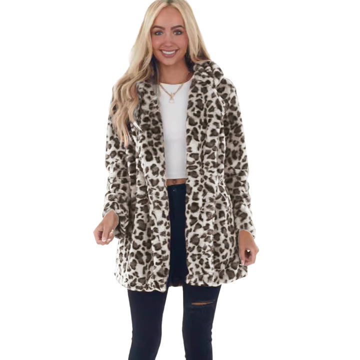 Women's Faux-Fur Leopard-Print Hooded Plush Mid-Length Coat Mune Fashion