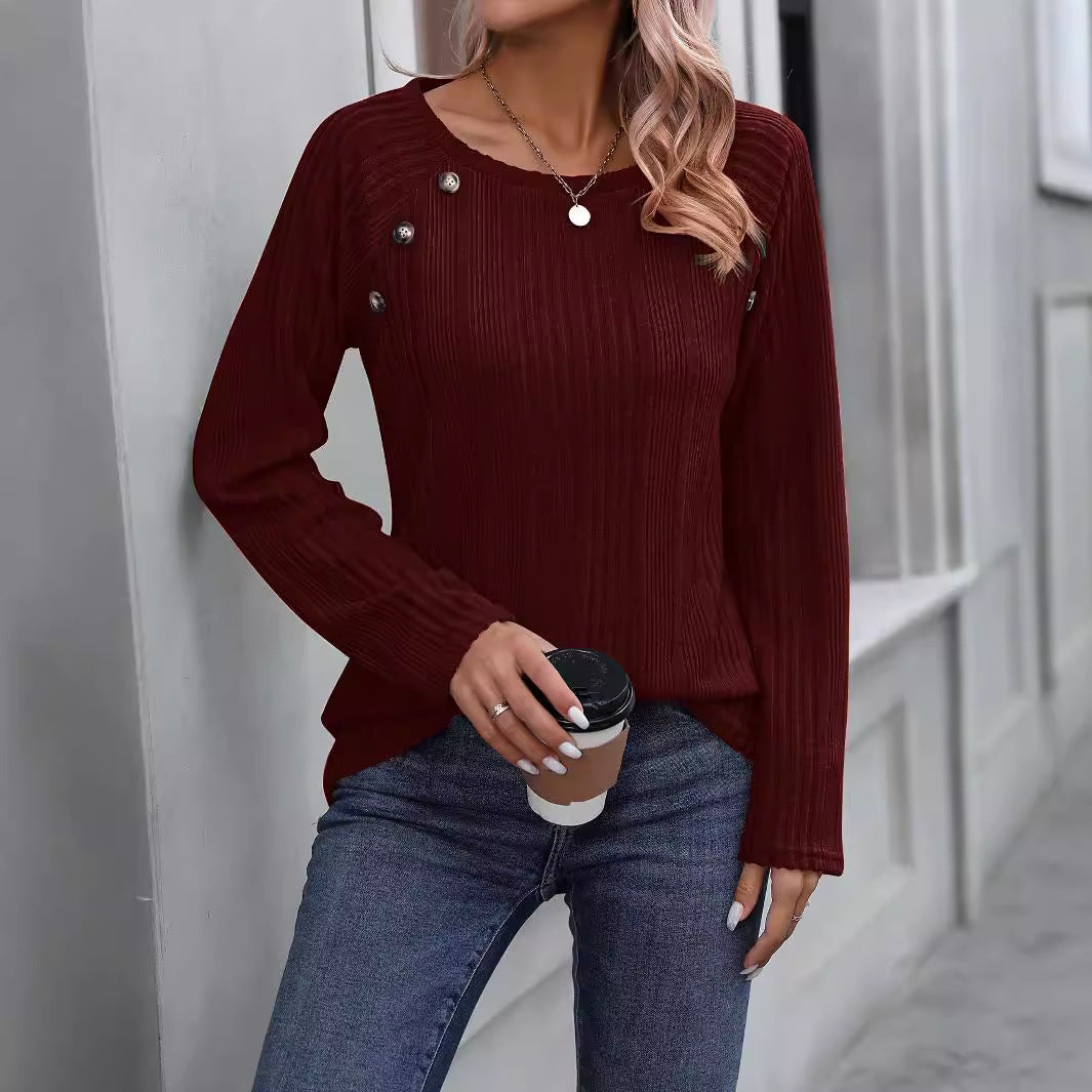 Women Fine Ribbed Knit Sweater with Decorative Button Placket and Round Neckline Mune Fashion