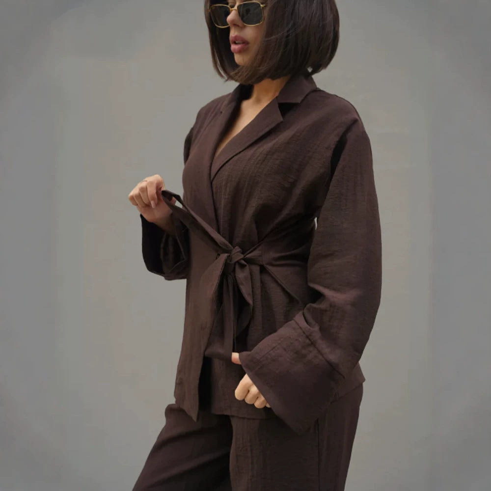 Women's Wrap Blazer with Tying Belt, Casual Oversized Cut and Lapel Collar Mune Fashion