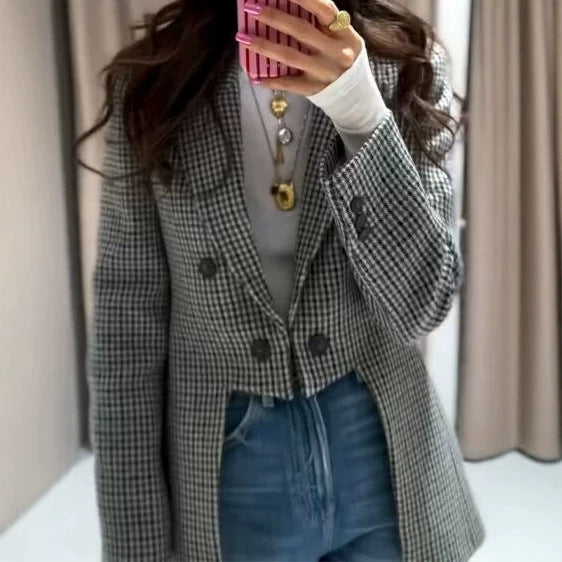 Ladies Short-Cut Houndstooth Blazer with Tailcoat Look Mune Fashion