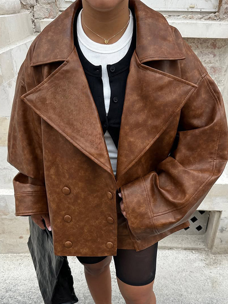Women's Cropped Boxy Faux Leather Coat with Oversized Lapels and Double-Breasted Button Placket Mune Fashion