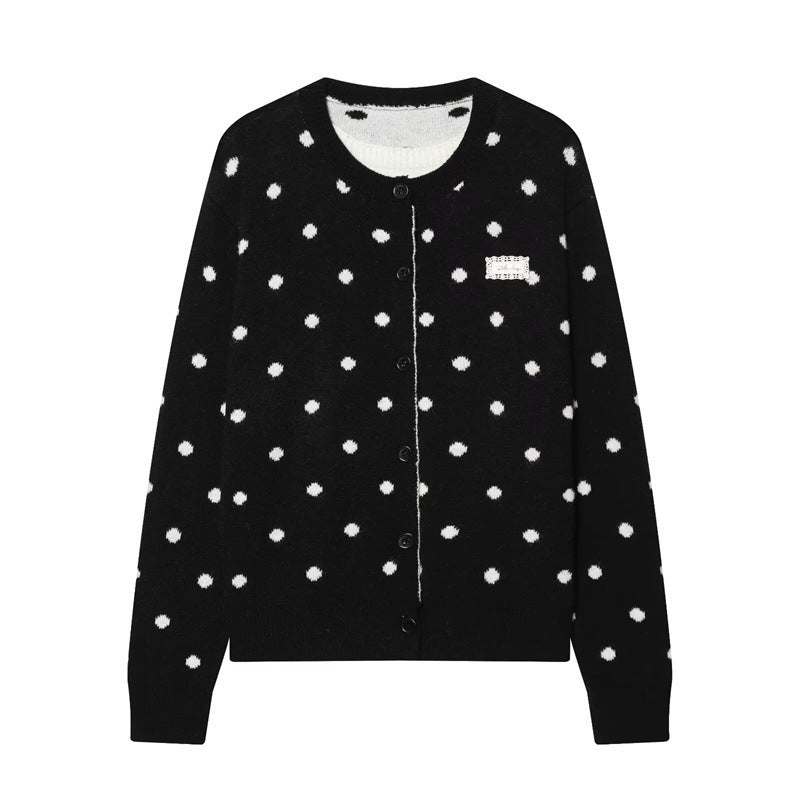 Women's Dotted Knit Cardigan with Round Neck and Button Placket Mune Fashion