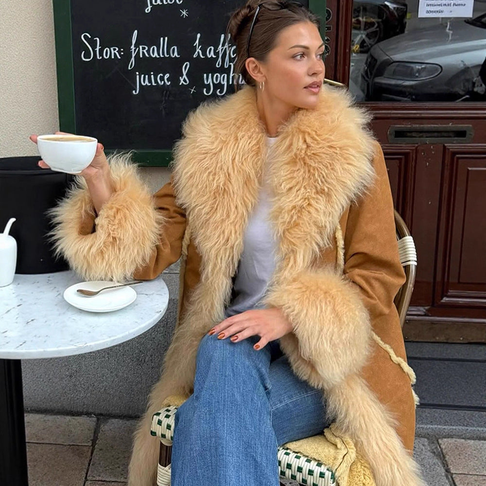 Women Long Shearling Imitation Coat with Voluminous Shawl Collar and Plush Cuffs Mune Fashion