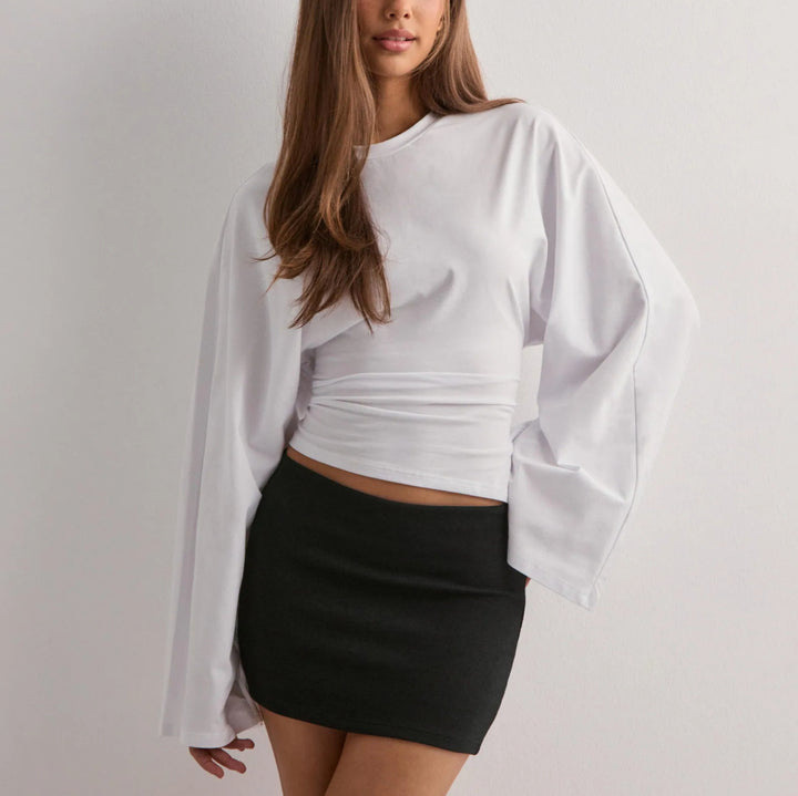 Ladies cropped fitted top with extra wide batwing sleeves Mune Fashion
