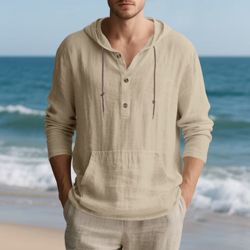 Men's Lightweight Hooded Henley Made of Cotton-Linen with Kangaroo Pocket Mune Fashion