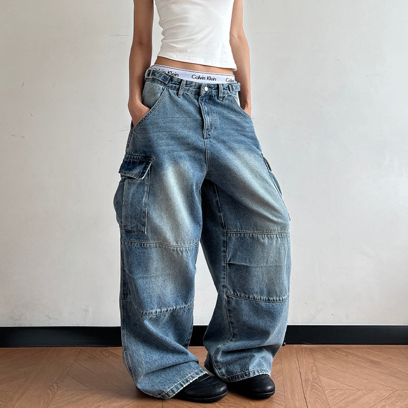 Women's Ultra Wide Palazzodenim Cargo Pants with Drop Crotch and Oversized Flap Pockets Mune Fashion