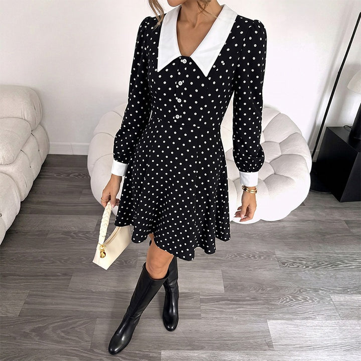 Women's Fitted A-Line Minidress with Polka Dot, Pointed Contrast Collar and Cuffs Mune Fashion