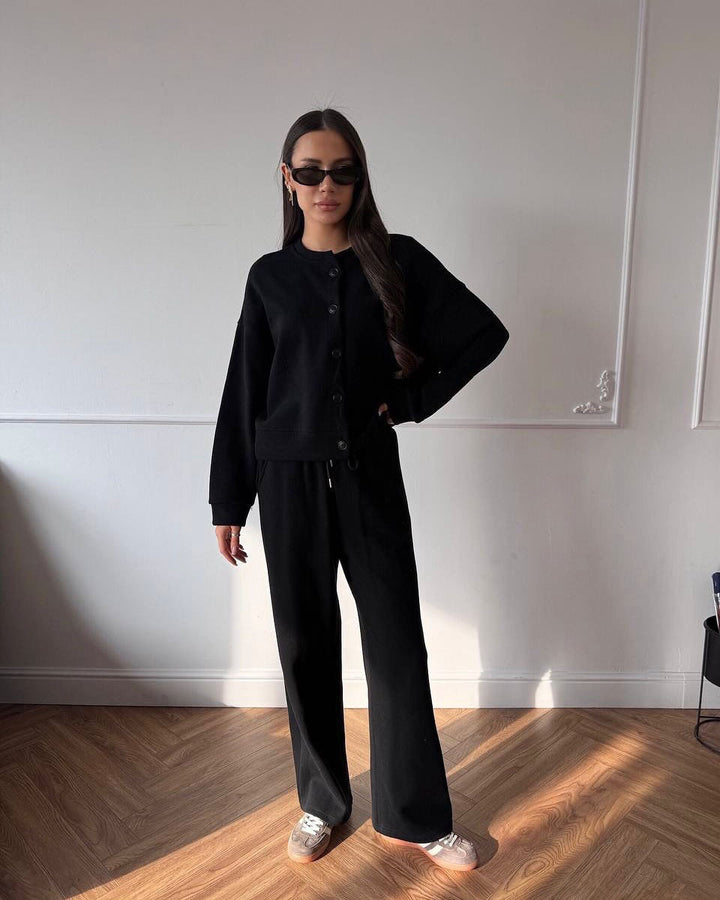 Women's Buttoned Cropped Lounge Set with Oversized Cardigan and High-Waisted Wide-Leg Jogging Pants Mune Fashion