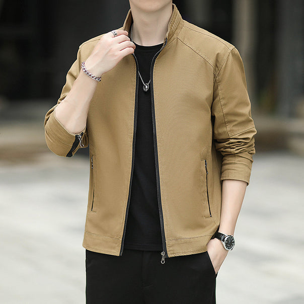 Men's Minimalistic Utility Transitional Jacket made of Cotton Canvas with Stand Collar and Zipper Pockets Mune Fashion