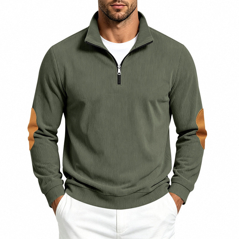 Men's fine knit half-zip sweater with cord structure and contrast elbow patches Mune Fashion