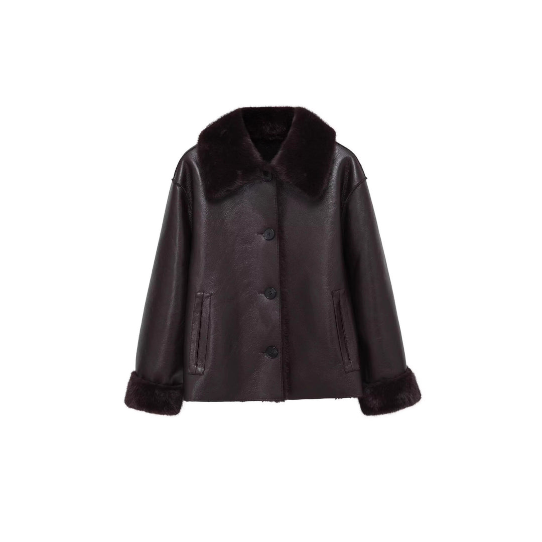 Women Boxy Faux Leather Jacket with Faux Fur Collar, Lambswool Imitation Lining and Button Closure Mune Fashion