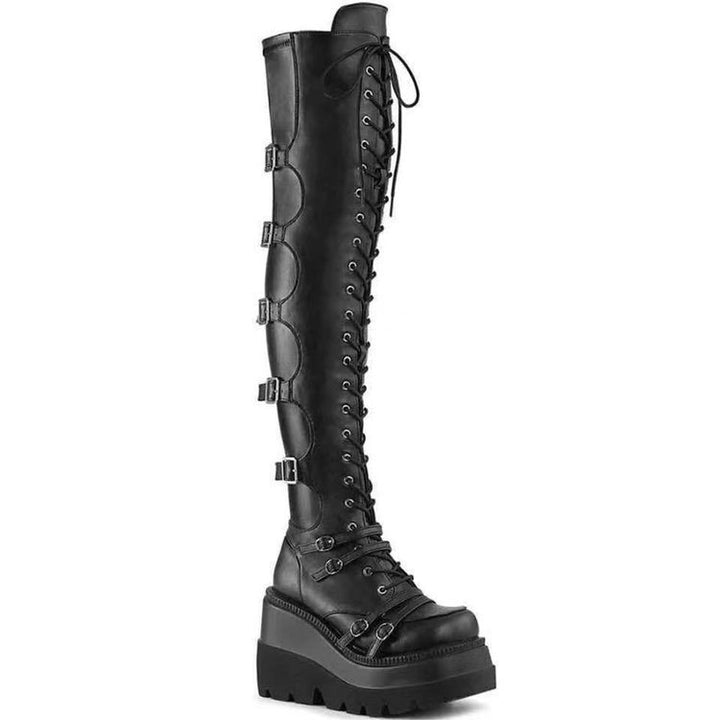 Women's Over-the-Knee Boots in Biker Style with Continuous Lacing, Side Zipper and Chunky Platform Sole Mune Fashion
