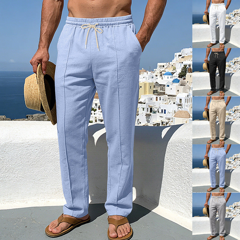 Men's summer chino pants in linen look with elastic drawstring waistband, decorative center seam, and straight leg Mune Fashion