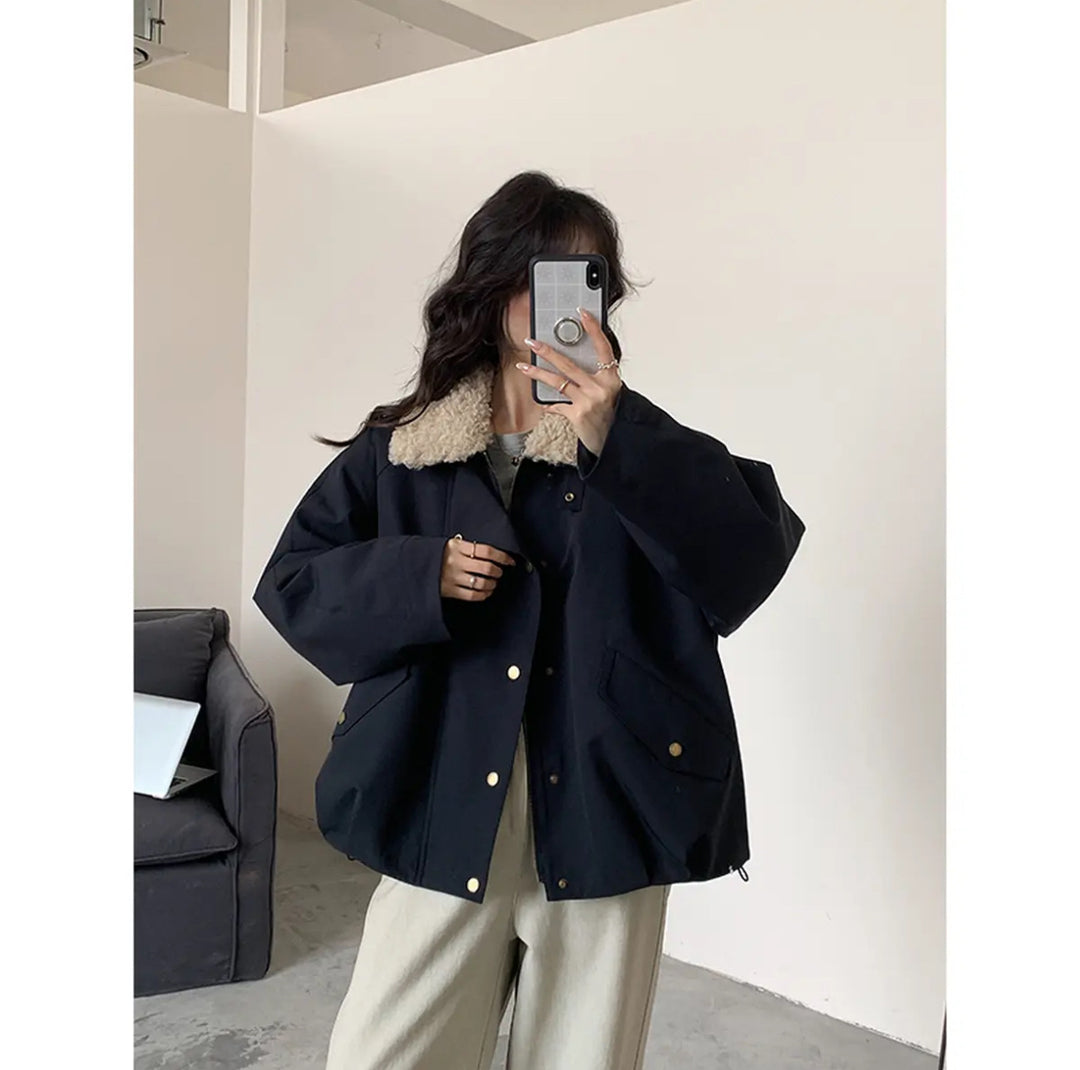 Ladies Short Oversize Boxy Jacket with Teddy Collar and Snap Button Closure Mune Fashion
